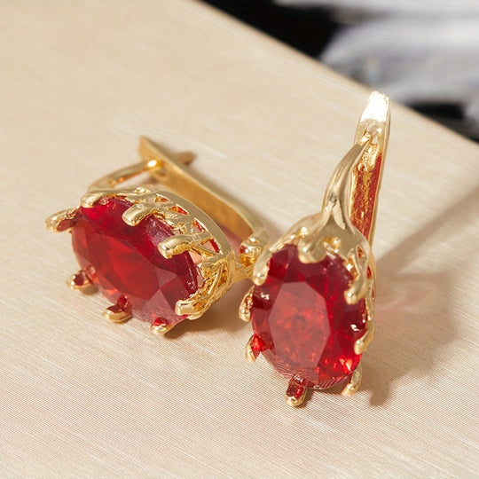 Oval Red Zirconia Hoop Earrings