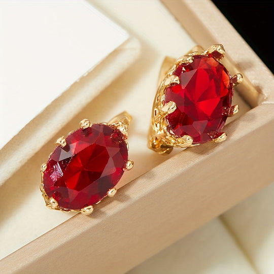 Oval Red Zirconia Hoop Earrings