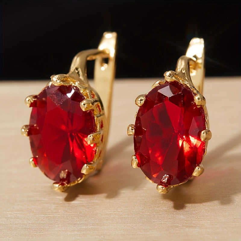 Oval Red Zirconia Hoop Earrings