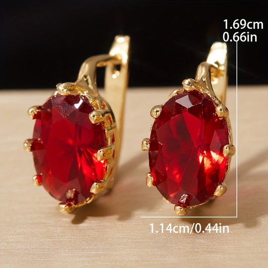 Oval Red Zirconia Hoop Earrings