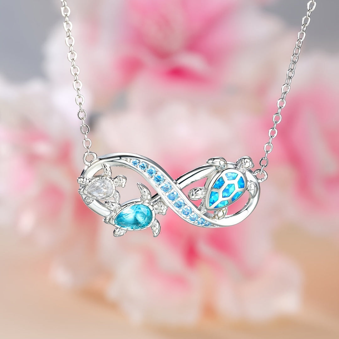 Three Turtle Opal Infinity Pendant Necklace
