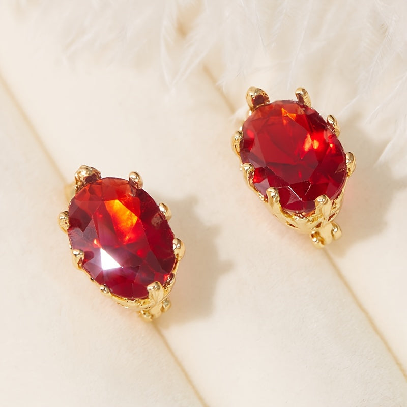 Oval Red Zirconia Hoop Earrings