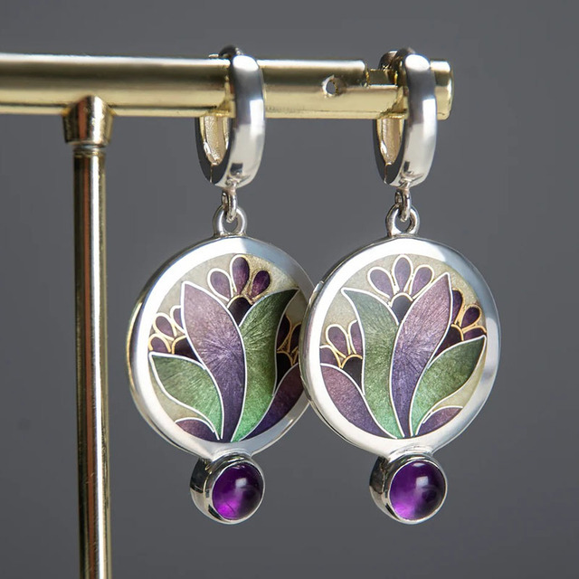 Boho Earrings with Purple Crystals