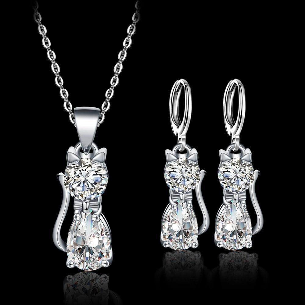Set Necklace + Earrings Happy Cats in Polished White Zirconium