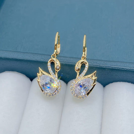 Golden Tone Swan Dangle Earrings