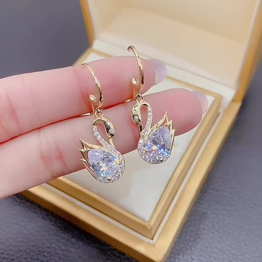 Golden Tone Swan Dangle Earrings