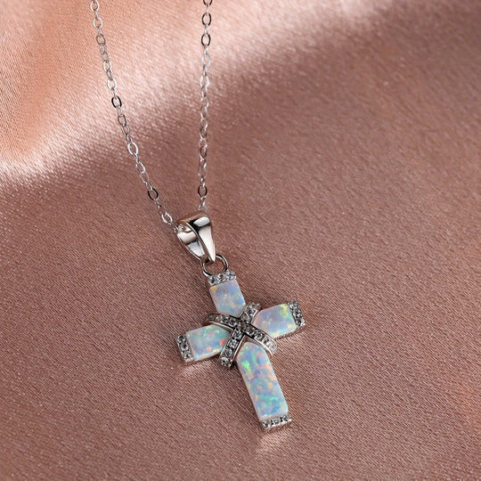 Inlaid White Opal Cross Necklace
