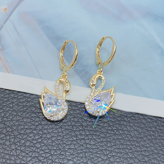 Golden Tone Swan Dangle Earrings