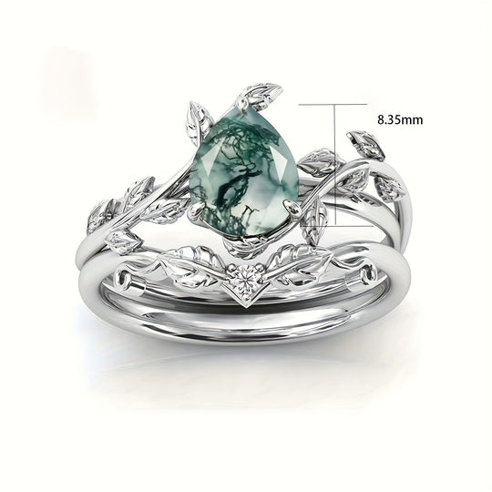 Elegant  Silver Natural Water Grass Agate Ring Set