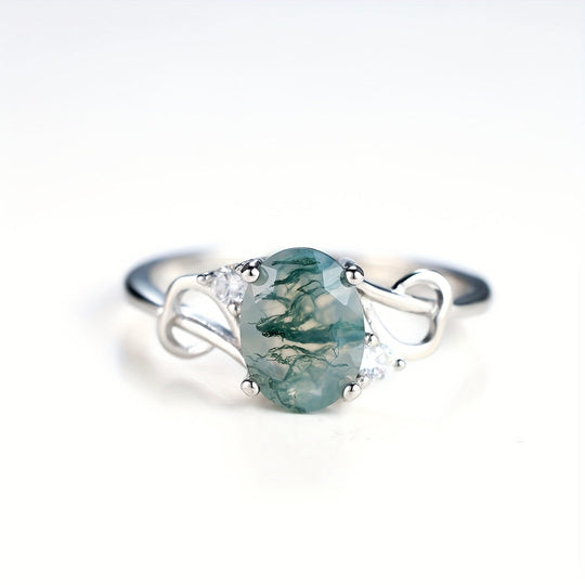 Silver Plated Moss Agate Ring