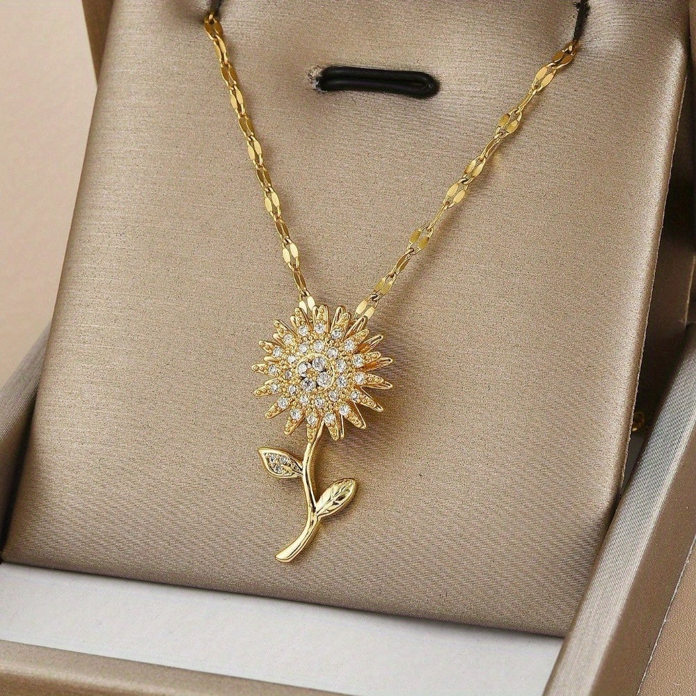 Rotating Sunflower Zirconia Pendant Necklace