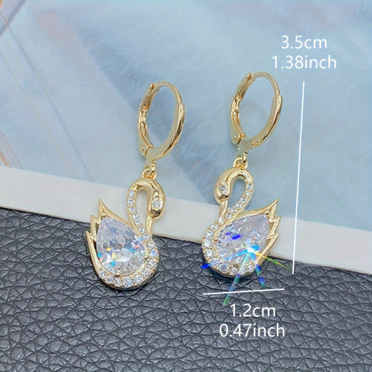 Golden Tone Swan Dangle Earrings
