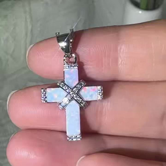Inlaid White Opal Cross Necklace