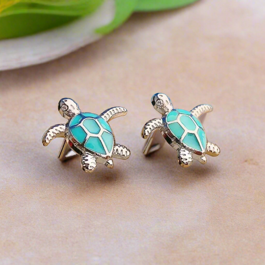 Sea Turtle in Opal and Silver Earrings