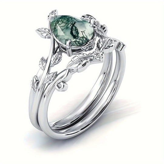 Elegant  Silver Natural Water Grass Agate Ring Set