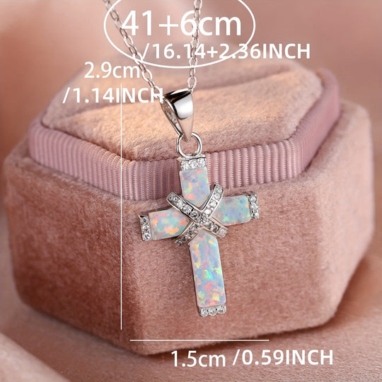 Inlaid White Opal Cross Necklace