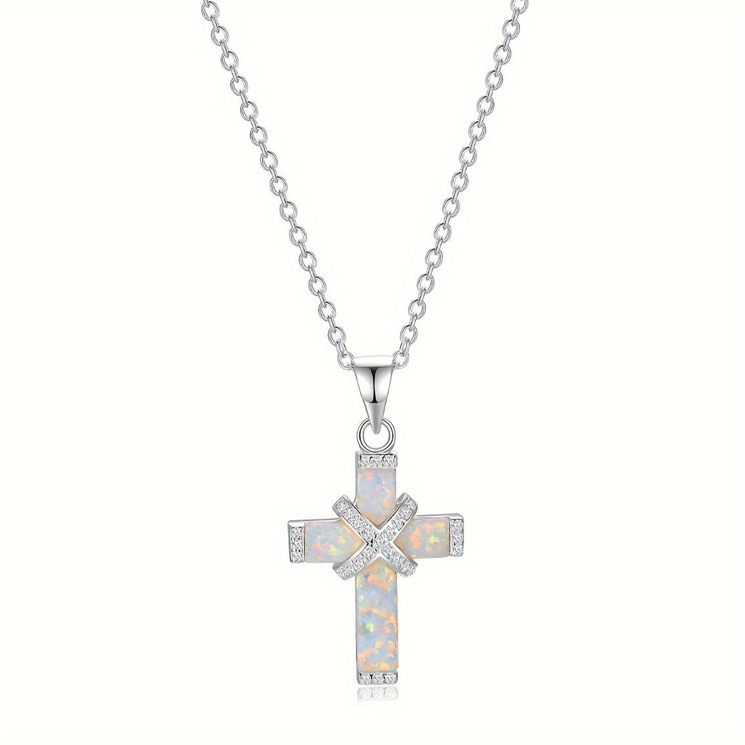 Inlaid White Opal Cross Necklace