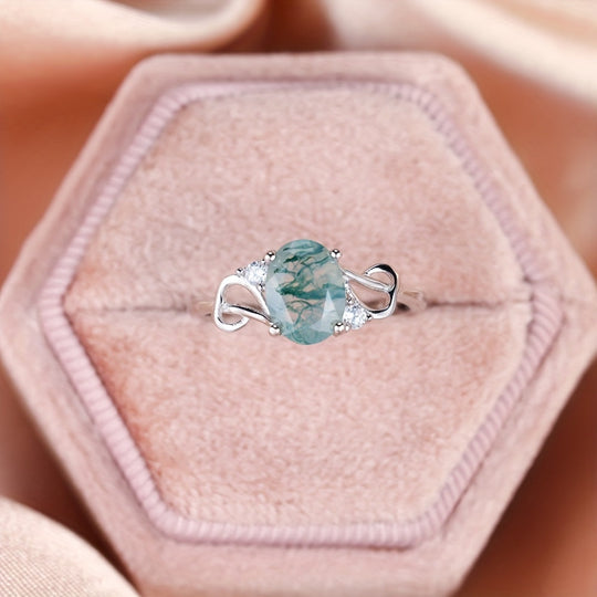 Silver Plated Moss Agate Ring