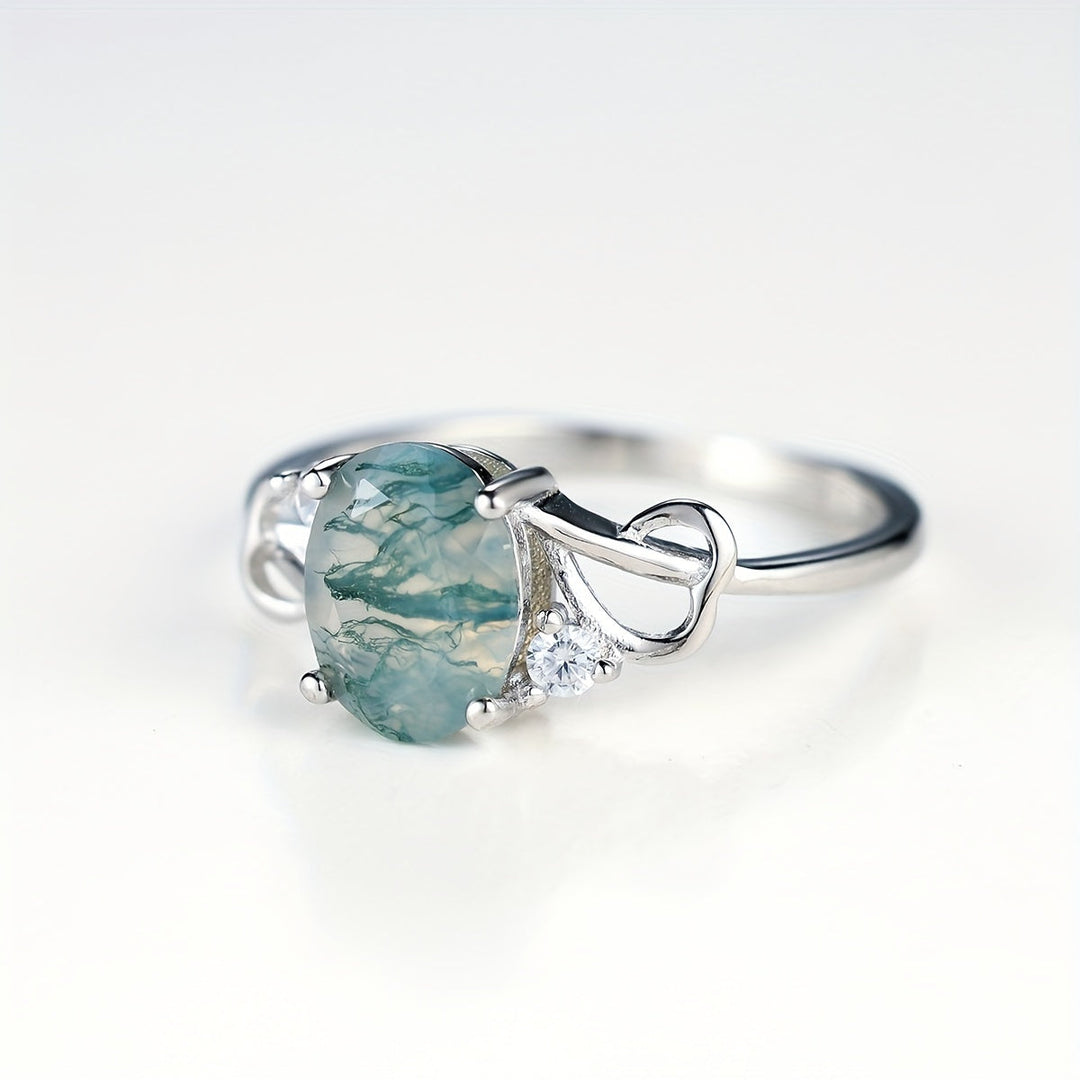 Silver Plated Moss Agate Ring