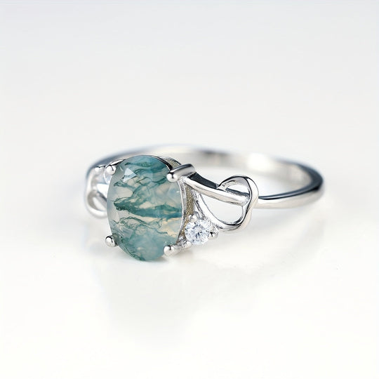 Silver Plated Moss Agate Ring