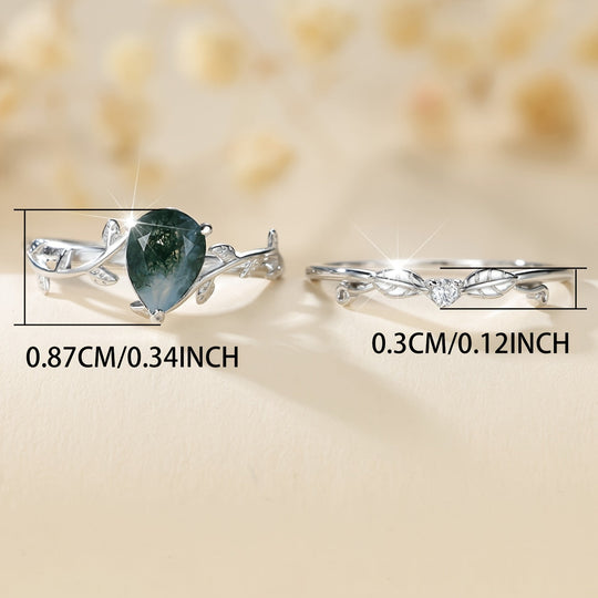 Elegant  Silver Natural Water Grass Agate Ring Set