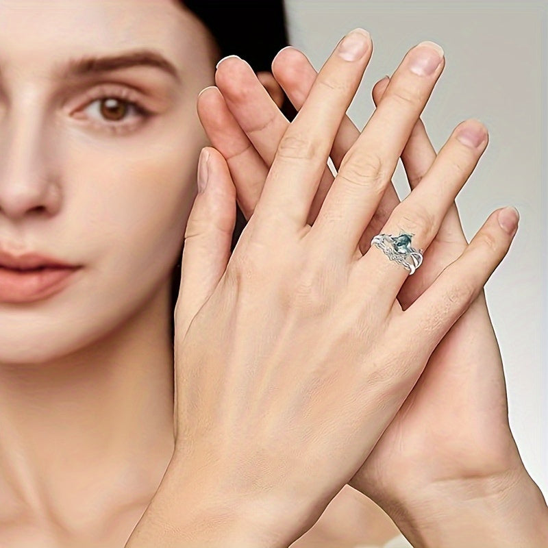 Elegant  Silver Natural Water Grass Agate Ring Set