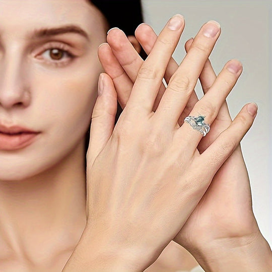 Elegant  Silver Natural Water Grass Agate Ring Set