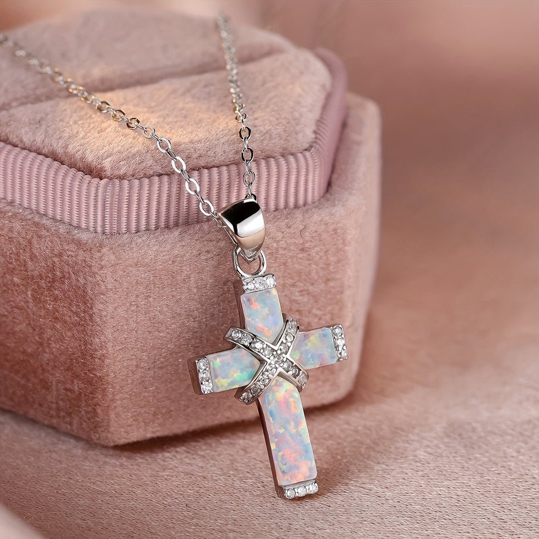 Inlaid White Opal Cross Necklace