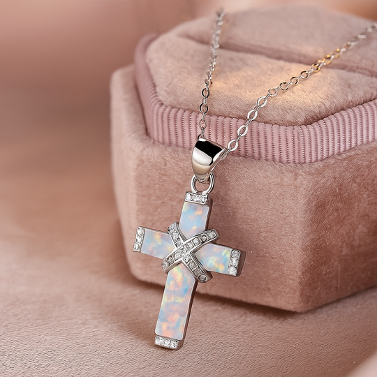 Inlaid White Opal Cross Necklace