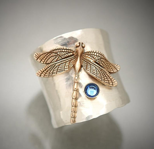 Vintage Golden Dragonfly Silver Ring