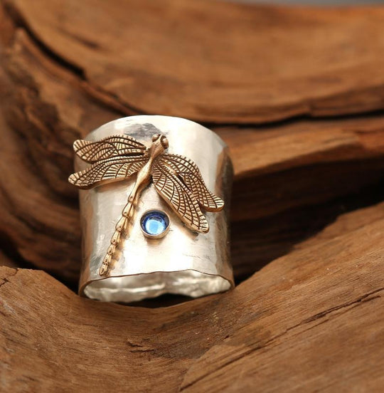 Vintage Golden Dragonfly Silver Ring